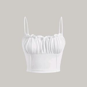 RUCHED BUST FRILL TRIM SUMMER 🌞 WHITE CAMI TOP WOMENS SIZE XS 🤗